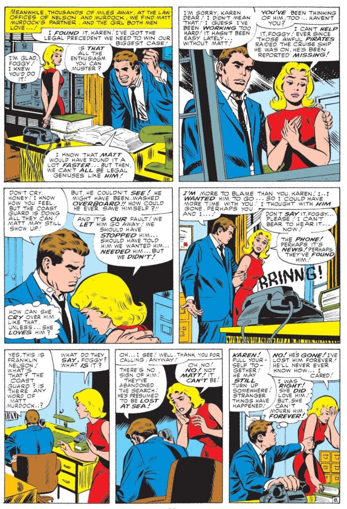 Foggy Nelson and Karen Page discuss Matt Murdock's appearance in Daredevil #13 (Marvel Comics, 1965)