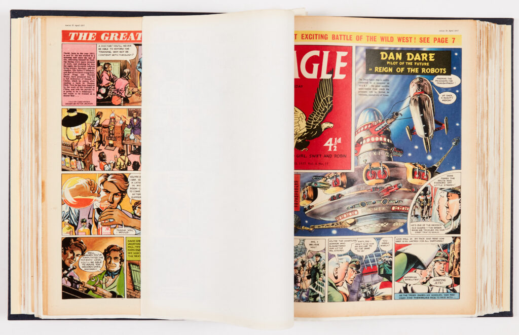 Eagle Vol. 8 (1957) 1-52. Complete year in bound volume. Starring Dan Dare in Rogue Planet and Reign of the Robots and Winston Churchill in The Happy Warrior by Frank Bellamy. From the Peter Cushing collection. No 16 [vg], balance [vfn/nm] (52)