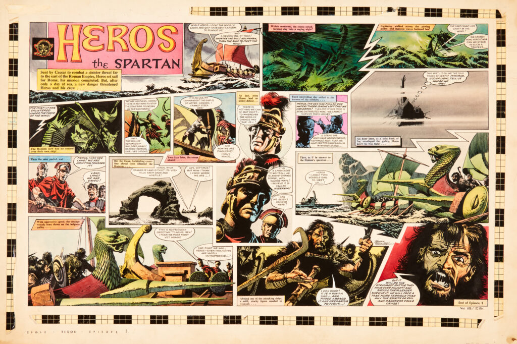Heros the Spartan original double page artwork (1964) painted and signed by Frank Bellamy for The Eagle Vol. 15. No 23