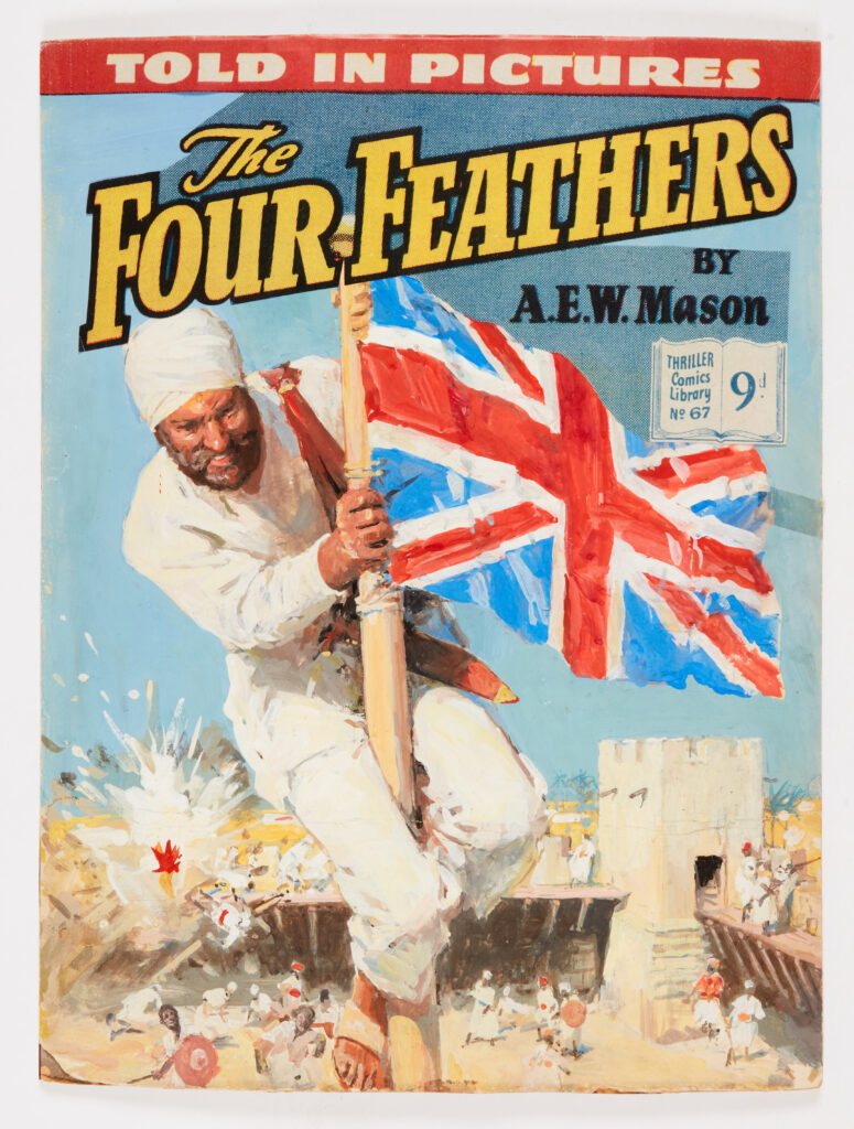 The Four Feathers original cover artwork (1954) by Septimus E. Scott (Royal Academician) for Thriller Comics Library No 67. The lettering is a laser copy addition to complete the look of the artwork. 1" tape to edge with small corner piece missing. Gouache on board. 21 x 16 ins