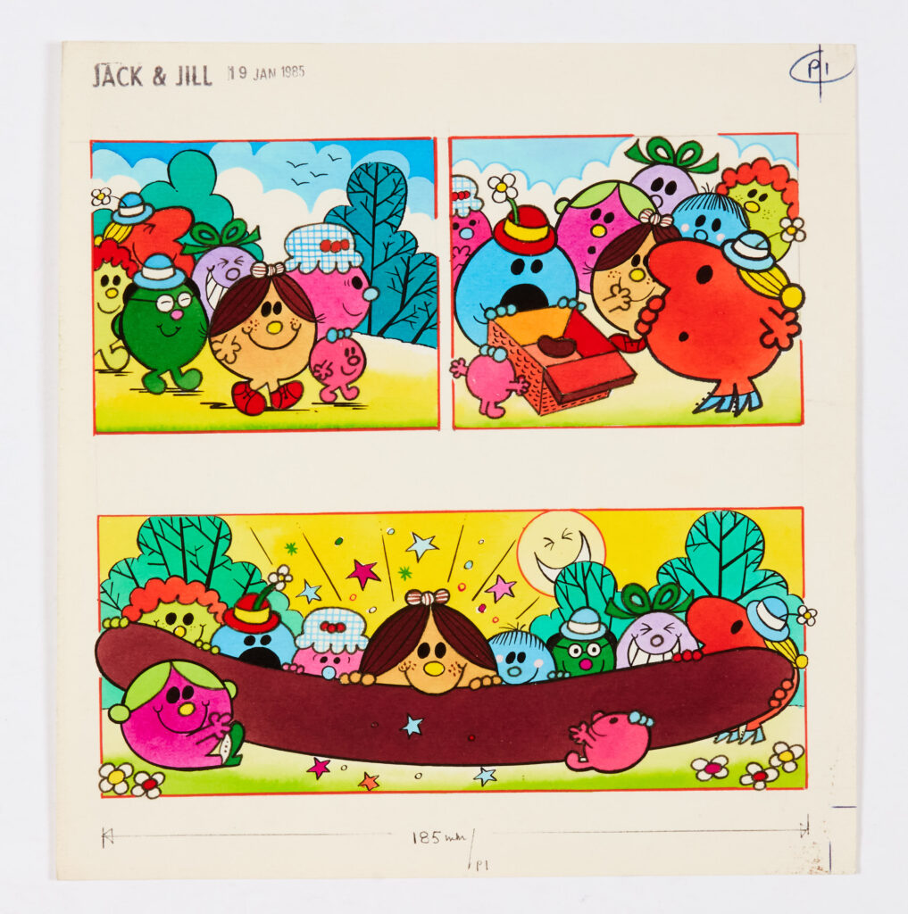 Jack & Jill Comic (19 Jan 1985) original front cover artwork of Little Miss (artist unknown) but licenced by original Little Miss artist, Roger Hargreaves. Poster colour on card. 10 x 11 ins