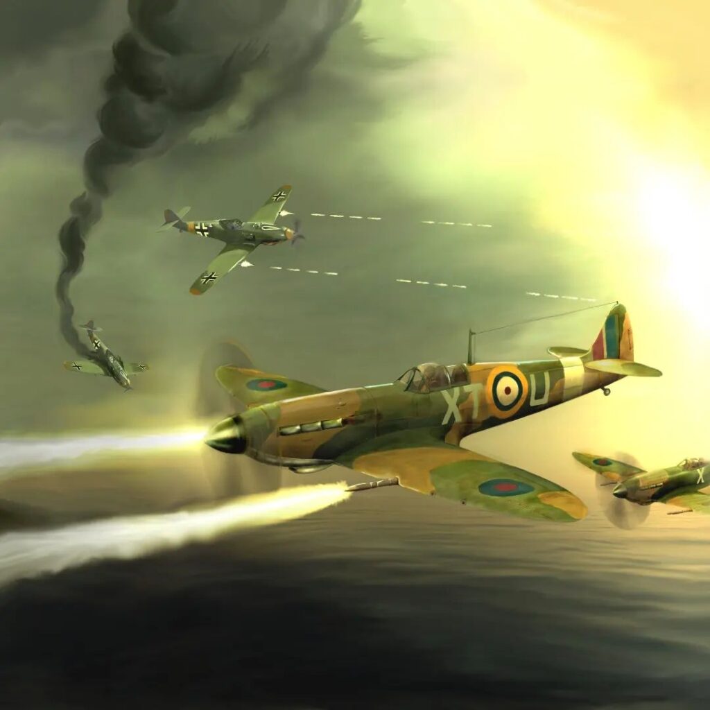 Phil Robinson says he loved on this art of a Spitfire vs Messerschmitt Bf 109, one of three artworks he pitched to the Commando team earlier this year