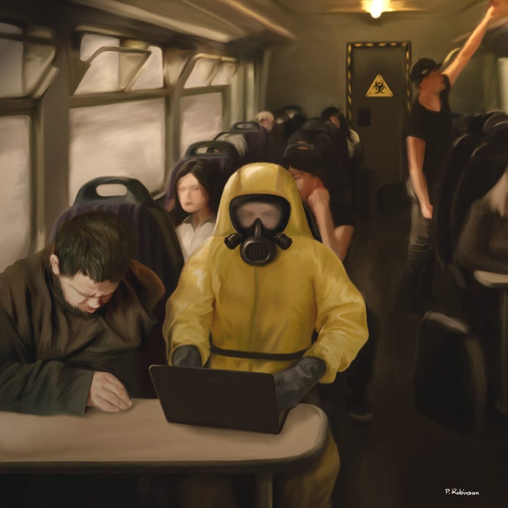 "Sitting Duck" by Phil Robinson, painted before the pandemic, in 2018. "Public transport is challenging when you're carrying a compromised immune system," he says. "The trains are crowded, the air filled with coughs and sneezes, a platform for disease to spread. As I travel I feel like a sitting duck, like I need protection from these confined spaces."
