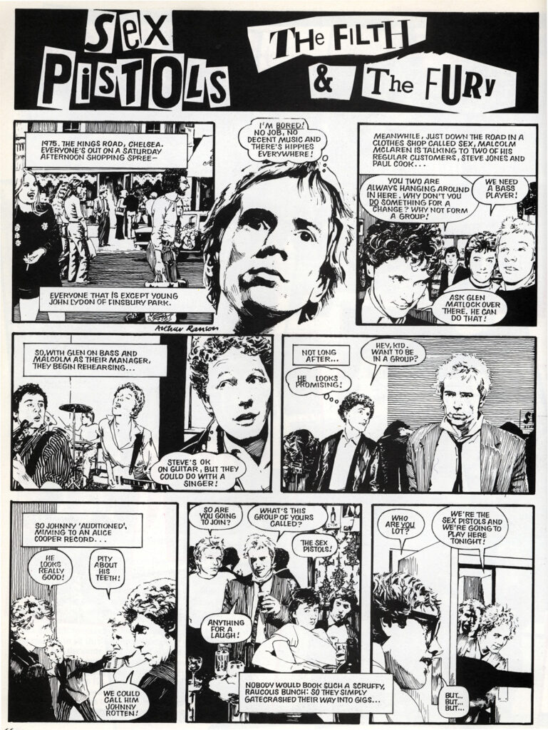 The opening page of "The Sex Pistols" strip by Angus Allan and Arthur Ranson, published in the Smash Hits 1984 year book