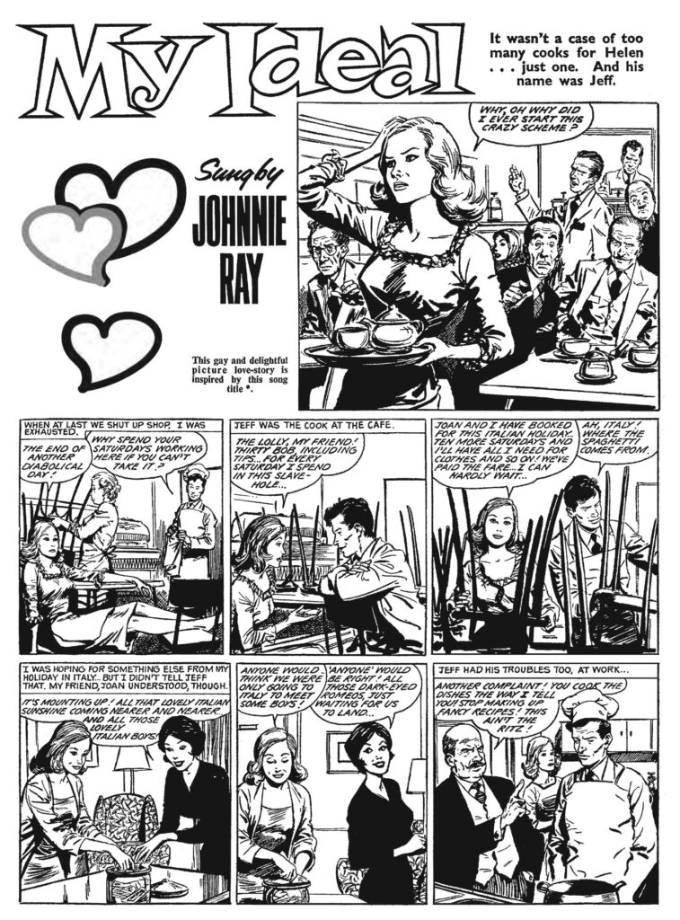 The opening page of "My Ideal" a strip for Valentine, written by Jenny Butterworth, with art by Guido Buzzelli, from Valentine, cover dated 23rd September 1961 | Via the book A Very British Affair