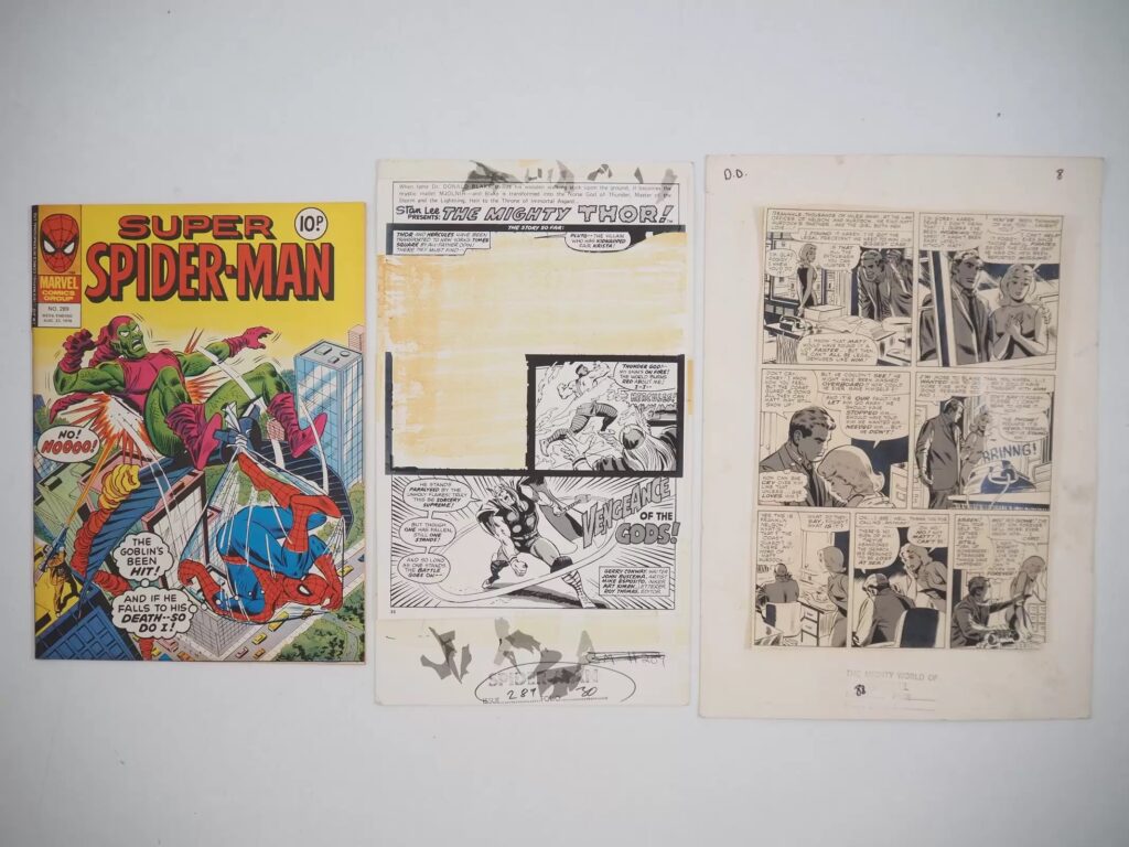 Super Spider-Man #289 - copy of the comic and "Thor" introductory page, and Mighty World of Marvel excised Daredevil page