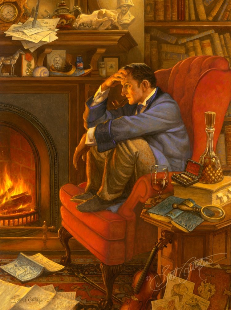 "Sherlock Holmes and the Mystery of the Room Full of Clues", an oil painting by Scott Gustafson