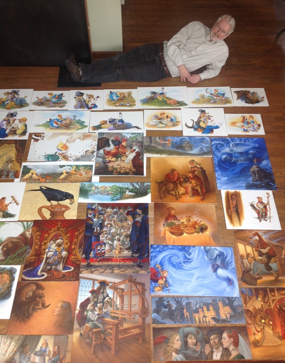 Scott in the studio with most of the 49 original oil paintings from his book,  Classic Storybook Fables