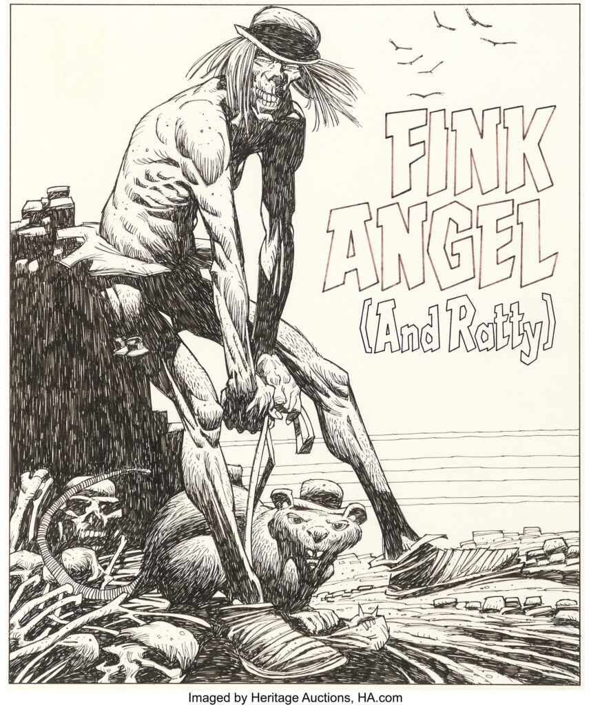 Mick (Mike) McMahon 2000AD Prog 313 Back Cover Original Art (Fleetway, 1983). The Judge Dredd universe villain mutant Fink Angel is depicted with his inseparable bowler hat and Ratty, his pet rat from Cursed Earth, on a large portrait skillfully rendered in ink over graphite on Bristol board with an image area of 12.5" x 14.75". Light handling, with creased lower right corner, adhesive residue, and a small abrasion in the top left corner. Signed on the back. In Very Good condition.