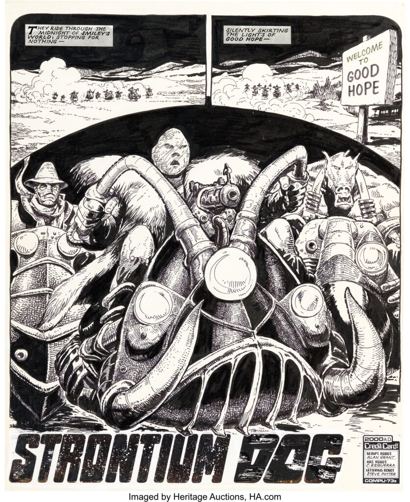 Carlos Ezquerra 2000AD Prog 445 Strontium Dog Title Page 1 Original Art (IPC, 1985). A must-have for any serious fan of the series! This roaring title page contains the opening scene of "The Ragnarok Job" / "Rage" epic, a key Strontium Dog story arc which is still fondly remembered today and was entirely drawn by Carlos Ezquerra! Mutant criminal Max Bubba, along with his brutal henchmen Impetigo Jones and Brute Mosely, are on their way to ambush John and his friend Wulf. Riding their revved up machines, the bad guys are masterfully rendered in ink over graphite on Bristol board with an image area of 13.5" x 16.25". Title and credits are pasted. Minor handling wear. In Excellent condition.