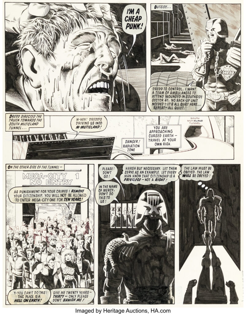 Brian Bolland 2000AD Prog 110 Story End Page 6 Judge Dredd Original Art (Rebellion, 1979). An exceptional page that closes this famous Punks Rule episode 1 story in the best Dredd-ian way possible, whatever the cost, law enforcement takes precedence over all other considerations. Every inch of this page is touched by the blessing of Bolland's talent. Ink and Zipatone on Bristol board with an image area of 13.5" x 17.25". Text is all paste-up that has become slightly translucent. Light handling wear, and corner creases. Signed by Bolland on the lower right margin. Lightly toned and in Very Good condition.