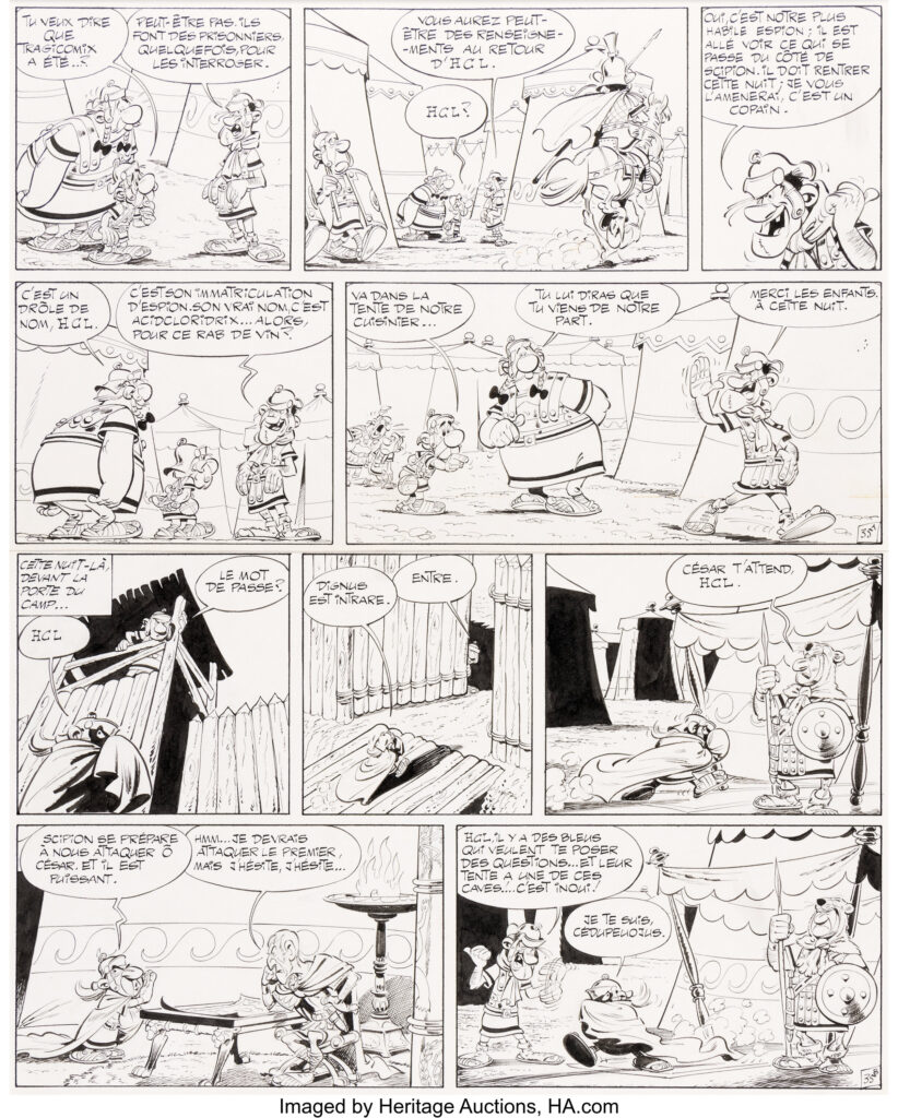 Albert Uderzo Astérix Légionnaire #10 Story Page 35 Original Art (Dargaud, 1967). One of Albert Uderzo's masterpieces is undoubtedly the Asterix Legionnaire album, whose pages are among the most sought-after on the worldwide collector's market. Originally published in Pilote magazine 385, March 1967. In Caesar's camp, Asterix and Obelix try to locate Tragicomix, Falbala's fiancé, who has been conscripted against his will into the Roman legions in Africa. Premium page featuring 4 splendid panels featuring Asterix and Obelix, Caesar's spy, HCL, and Caesar himself! The Uderzian magic is at work from the first to the last panel. We find Uderzo's graphic genius at work, balancing the curves of his strokes with the use of caricature and humor, all of which blend perfectly with Goscinny's narrative. The perfect marriage of line and word for Albert Uderzo and René Goscinny's Laurel and Hardy. Ink on Bristol board with an image area of 15.25" x 19.75". The page is matted. Another piece of comics history from this catalog. A must-have for any premium collection. In Excellent condition.