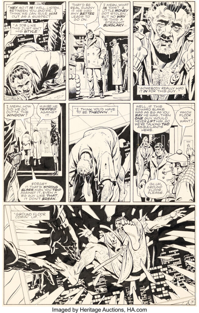Original art by Dave Gibbons for Watchmen #1 Story Page 3, featuring the Comedian's Death with Matching Color Guide (DC, 1986)