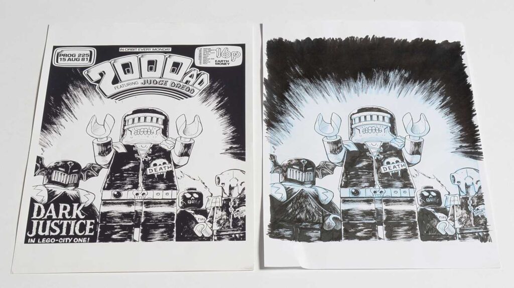 Original inked artwork by Kev Levell for the cover of 2000 AD Comic Prog 225, signed inscribed and dated by the artist Verso, 15th August 1981, featuring Lego City One Judge Death, together with printers proof of the final version of the comic cover - sheet size 42 x 29.5cm, unframed; and a large manilla envelope used by the Artist to post this artwork which bears an original signed drawing of the Strontium Dog Johnny Alpha, dated 2013