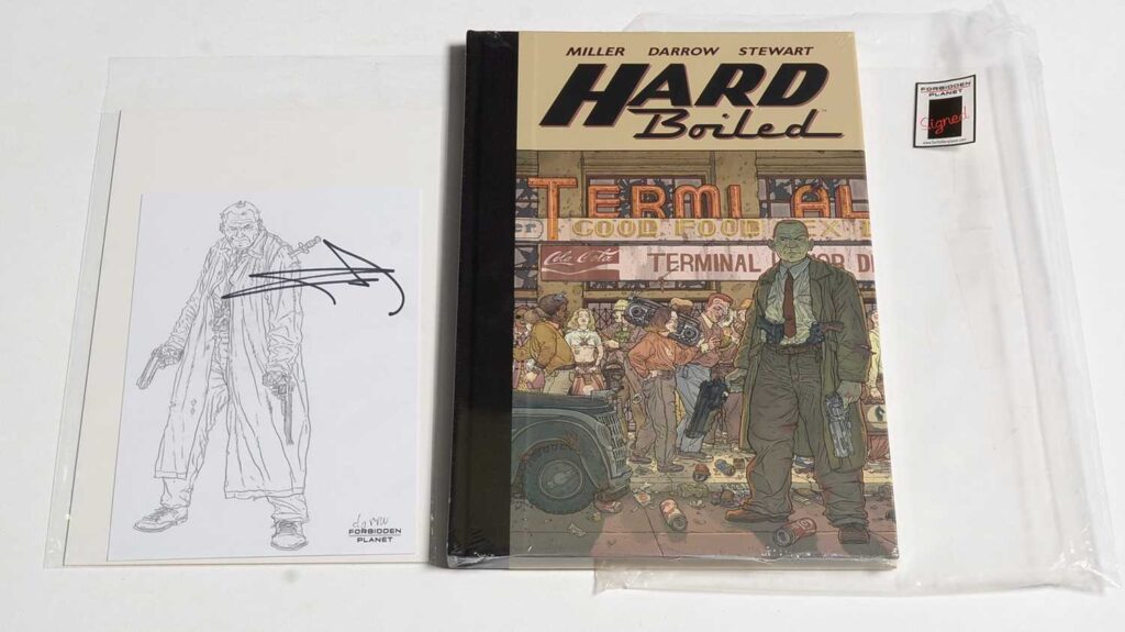 A Forbidden Planet print, depicting Nixon the principal character in the comic series Hard Boiled, signed by Frank Miller and Geof Darrow; together with a shop-sealed hard bound copy of the graphic album Hard Boiled, by Dark Horse Books.