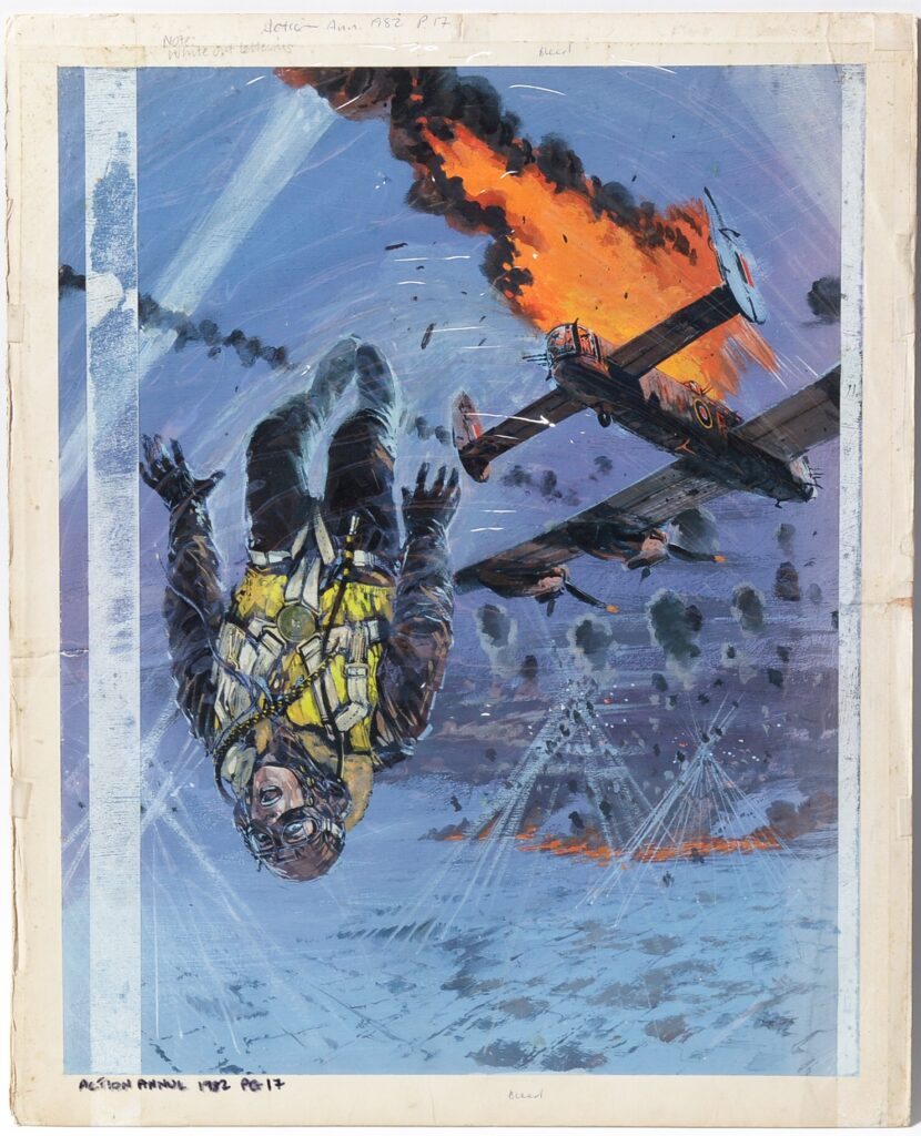 Original Comics Artwork for a colour plate on page 17 of Fleetway Publications' Action Annual 1982, depicting a rear gunner bailing out from a burning Lancaster Bomber, gouache on board, image size 49.5 x 39cms, unframed.