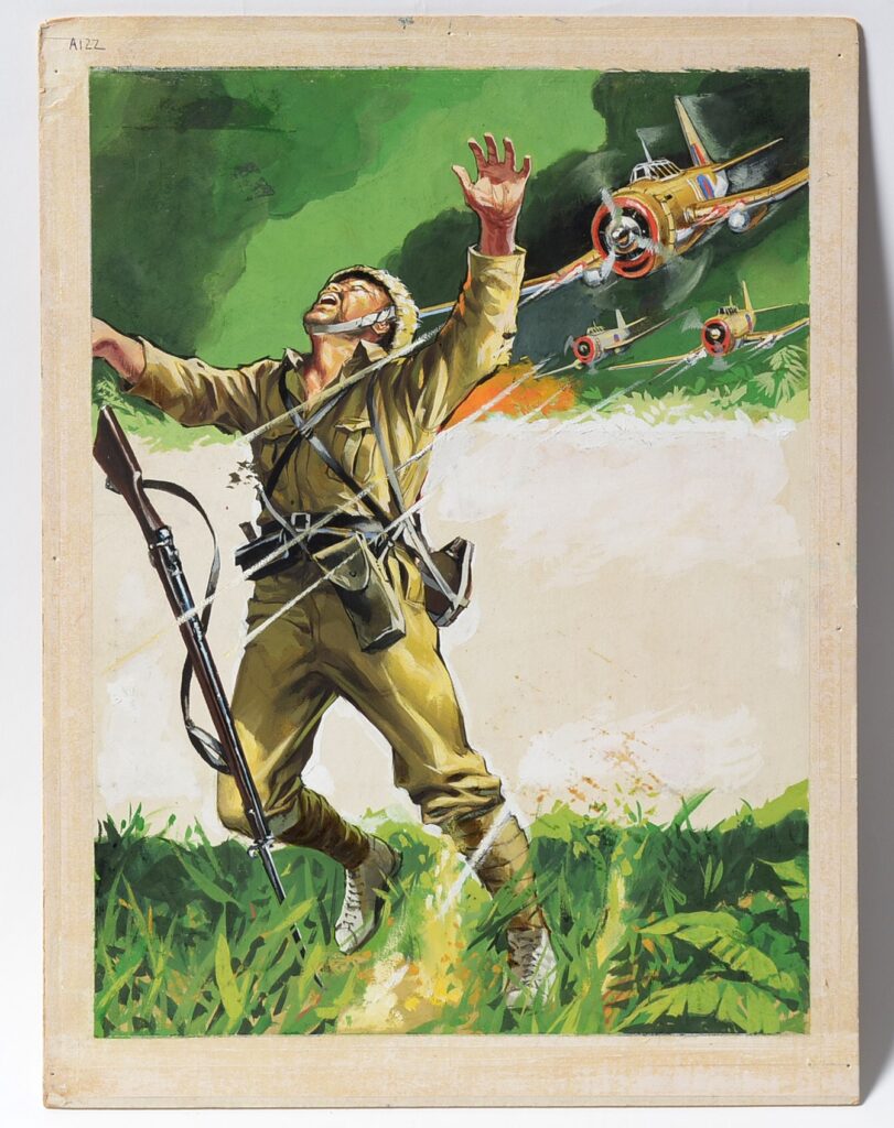 Original Comics Artwork depicting British Aircraft strafing a Japanese soldier, published for Air Ace Library, issue No. 122 and subsequently War Picture Library No. 1131, gouache on board, image size 39 x 29cms, unframed