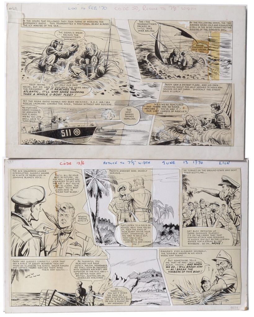 Original Comics Artwork by Mark Ross for Fleetway Publications Comic "The Lion", featuring the character Paddy Payne, original pages first published in 1961, and later pages cut to resize format for Digest Comics, June 13 1970, Indian ink on board - 19 sections, various sizes