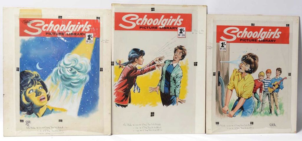 Original Comics Cover Artwork for Fleetway Publications Comic "School Girls" Picture Library, No's.316 "Mimi The Mesmerist, 321, and 326 "Roma's Ragamuffins", gouache on board with logo title-head, image size 36 x 28cms, unframed  | Peter Hansen Collection