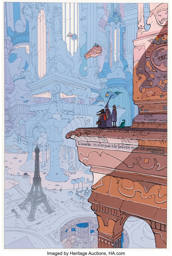 Jean Giraud (Moebius) Paris of the Future Signed Serigraph/Lithograph Epreuve d'Artiste (Galerie 9e Art, 2000). Mesmerizing lithograph from legendary artist Jean Giraud/Moebius. The color palette of the art is a true visual treat! This lithograph is very rare, as it is an artist's proof, an impression created in addition to the numbered edition. Not for sale to the public, these impressions are not numbered and are reserved for the artist's use. Image area of 14" x 21.25". Signed in the lower right corner. The "EA" mention (Épreuve d'Artiste) is in the lower left corner. In Excellent condition.