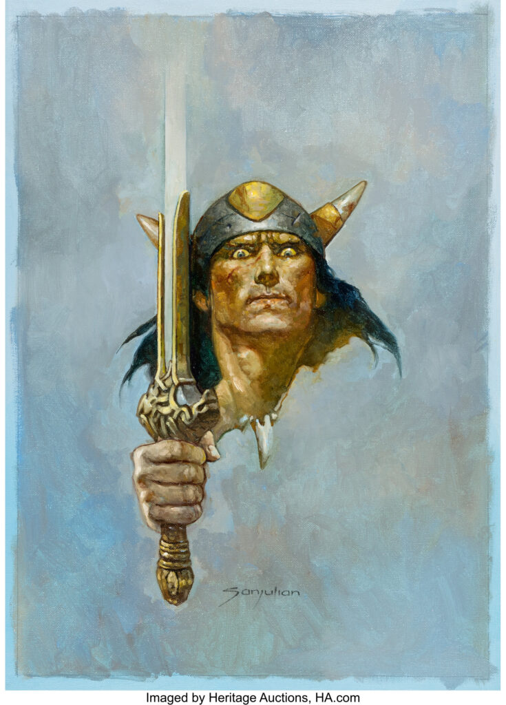 Sanjulian (Manuel Perez Clemente) Conan Painting Original Art (2022). The intense expression on the face of the Cimmerian barbarian leads us to believe someone is going to catch the sharp end of the warrior's blade. Oil on loose canvas with an image area of 12.5" x 17.5". Signed by Sanjulian in the lower image area and in Excellent condition.