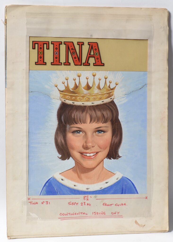 Original Front Cover Artwork for Fleetway Publications' for the girls' comic "Tina", issue No. 31, published 23 September 1967 (continental issues variant), gouache on board with title over-lay, image size 37.5 x 28.5cms, unframed.

NB. Tina was launched on 25 February 1967 as a weekly magazine for girls. It lasted only 30 issues before it merged with Princess to become "Princess Tina", this therefore, is the continental version of the first issue. Upon careful examination, it can be seen that the artwork has been modified so that a princess's crown has been placed upon Tina's head.