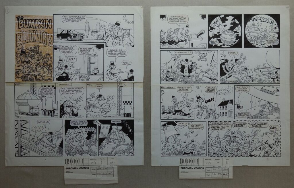 Two pages of original artwork for the "Bumpkin Billionaires" strip for Whizzer and Chips dated 10th May 1986, with art by Mike Lacey. Each page measures 16.5 x 14.5 inches (42 x 37 cm) overall and comprise two paper pages selotaped together (although the tape has lost its stick and they are separate). The Euroman code sheet is still stuck to the lower edge of each page.
