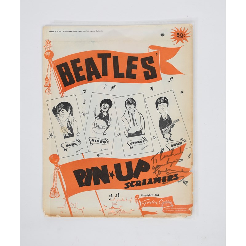 Beatles Pin Up Screamers designed and printed by Gordon Currie, in black and orange, comprising a poster of John, Paul, George and Ringo, in slip cover, annotated in ink to Richard with regards Gordon Currie