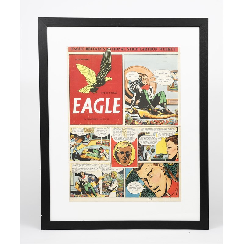 Dan Dare, Pilot of the Future, art by Frank Hampson (1918-1985). Gouache on board original front cover artwork for Dan Dare in the Eagle Volume 1 episode 33, published 1950. Framed 47 x 36cm Provenance: Frank Hampson, thence by descent. Exhibited Frank Hampson The Man Who Drew Dan Dare, The Atkinson, Southport, Centenary exhibition September 2018-March 2019