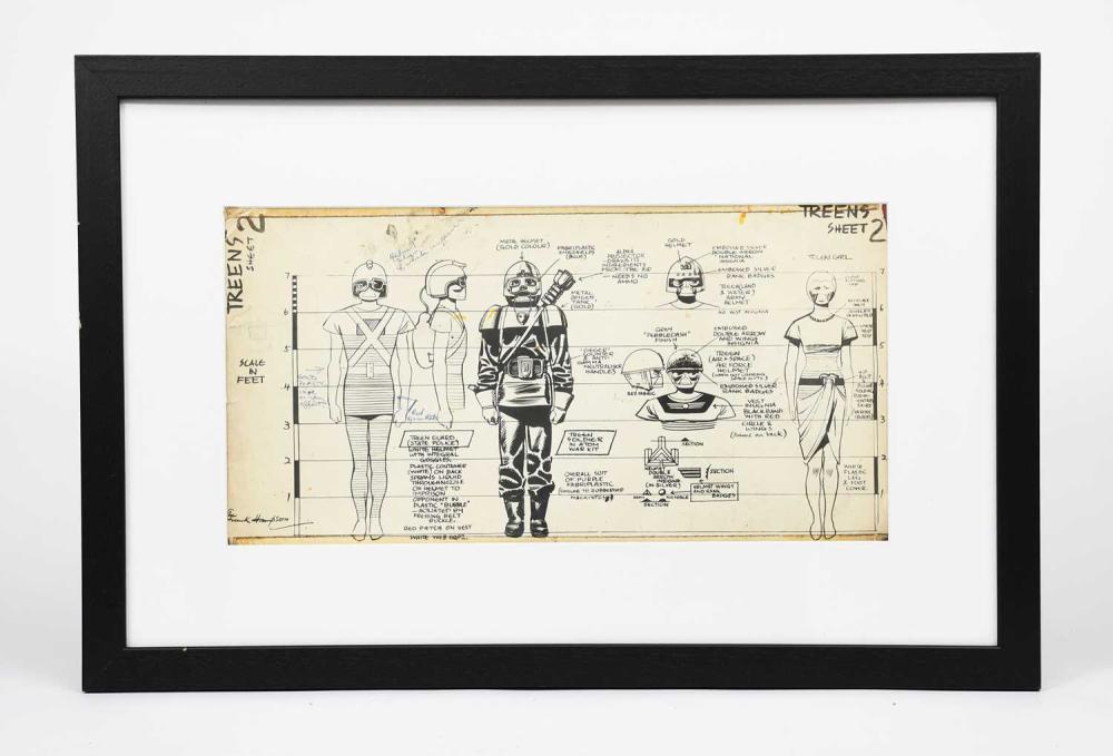 Frank Hampson (1918-1985) Treens, sheet 2 a bromide design sheet for the Treens from Dan Dare in the Eagle, framed, facsimile signed bottom left, 44.5 x 23cm (image) Provenance Frank Hampson, thence by descent. Exhibited Frank Hampson The Man Who Drew Dan Dare, The Atkinson, Southport, Centenary exhibition September 2018-March 2019. Catalogue notes This sheet was designed by the artist for reference use in the studio, to enable the artists to remain consistent when drawing details of the characters and machines used in the stories.