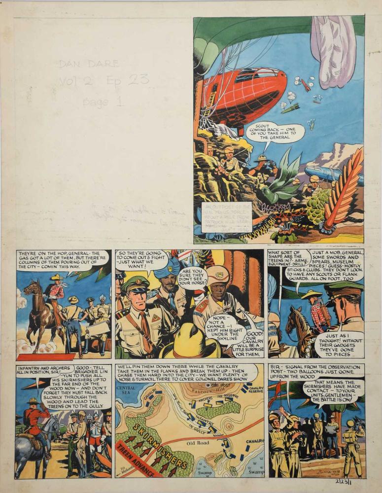 Frank Hampson (1918-1985) Voyage to Venus (2/23/1) gouache on board original front cover artwork for Dan Dare in the Eagle volume 2 episode 23, published in 1951, framed numbered 2/23/1 bottom right, 42 x 32.5cm (image) Provenance Frank Hampson, thence by descent. Exhibited Frank Hampson The Man Who Drew Dan Dare, The Atkinson, Southport, Centenary exhibition September 2018-March 2019. Catalogue notes The Voyage to Venus story begins to draw to a conclusion as the combined UN invasion force launch a pre-emptive attack on the Treens - using low-level technology - in 1996.