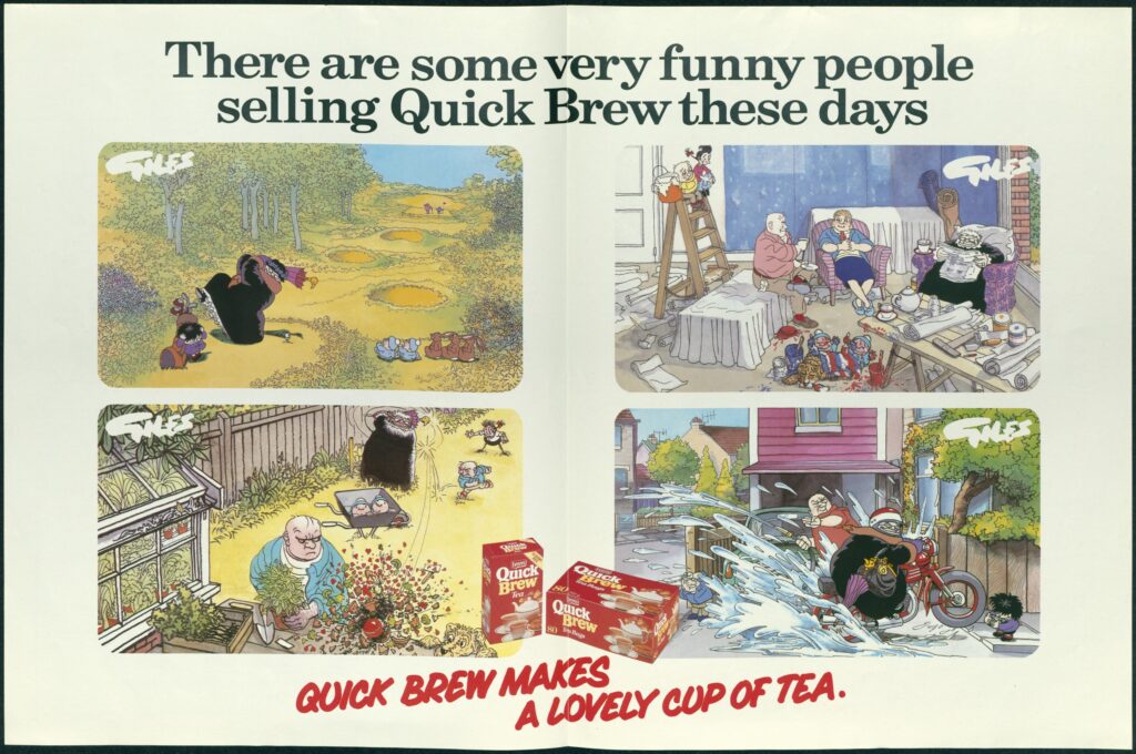Centre spread of Special ‘T-Day Edition’ of the Daily Express, celebrating the appearance of the Giles family in the Tetley Quick Brew adverts ©️ Carl Giles, Daily Express
