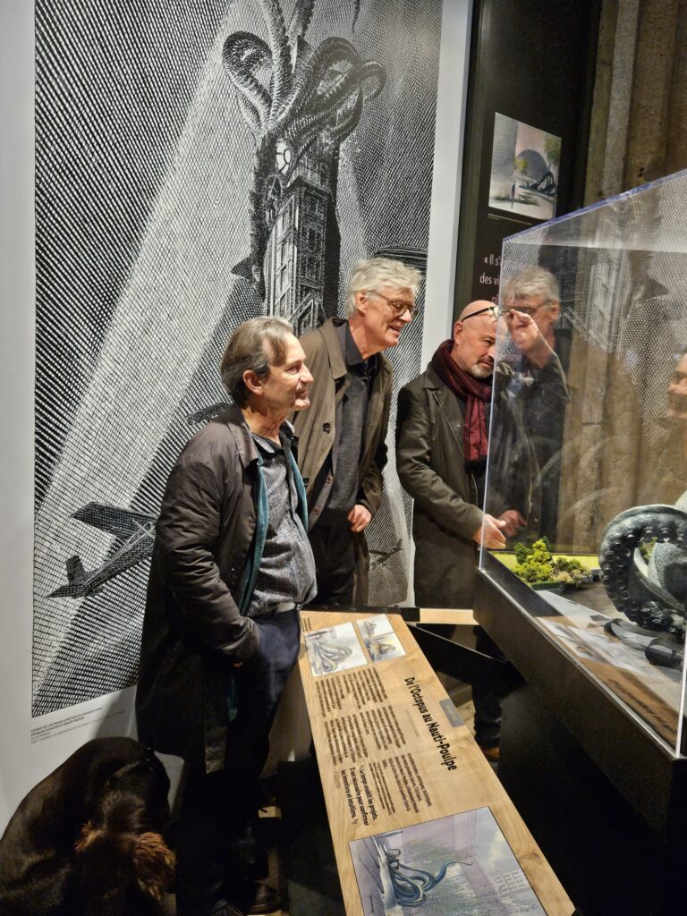Benoit Peeters and François Schuiten in Amiens last week, with the model of the planned sculpture inspired by The Obscure Cities project. Photo: On a Marché sur la Bulle - Le Centre de Ressources