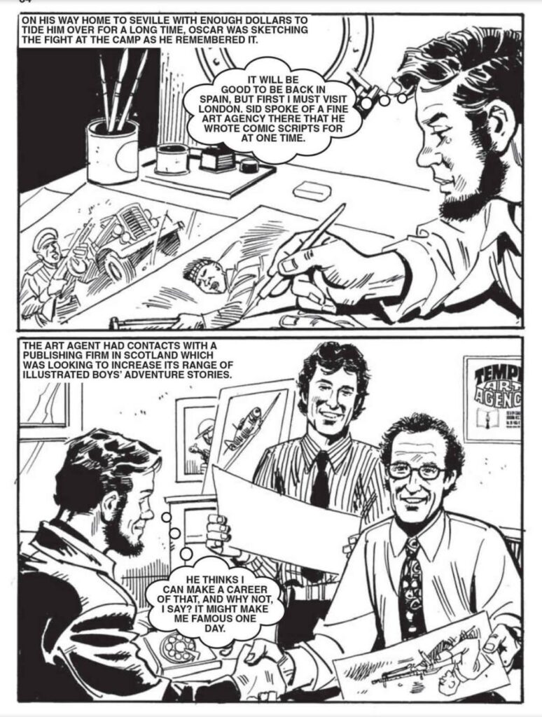 Carlos Pino included a tribute to Pat and his son Tony in Commando No. 4488, “Triple Whammy”. The artist, “Oscar”, is of course Carlos Pino himself. (With thanks to Commando writer Suresh)