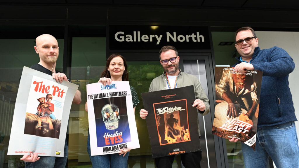 Left to Right: Dr Steve Jones, Dr Kate Egan, Dr Johnny Walker, and Dr Russ Hunter of Northumbria University, promoting the Video Shop Horrors exhibtion at Gallery North (2023)
