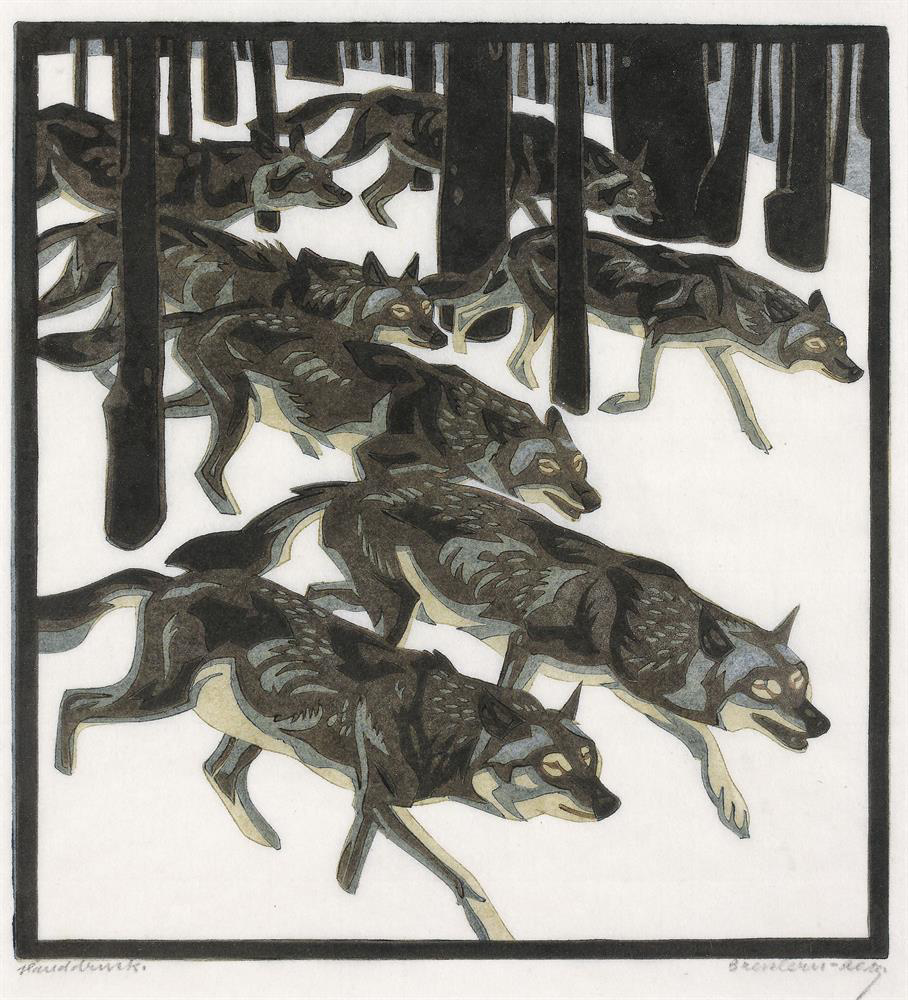 Tube Surfing Interlude: Wolves by Austrian painter and printmaker Norbertine Bresslern-Roth (1926, coloured woodcut, 22 x 20 cm)