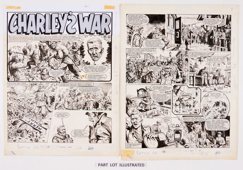 Charley's War: 3 original consecutive artworks (1981) by Joe Colquhoun with script by Pat Mills for Battle 616. "The battle of the Somme - July 1916. Charley Bourne, 'Ginger' and 'Lonely' had been captured by the Germans. Now Lonely revealed how he'd played his part in throwing a bomb into the midst of some Germans and how they stormed back to exact their revenge on his platoon..." | Indian ink on card. 19 x 15 ins. Title header is a laser copy