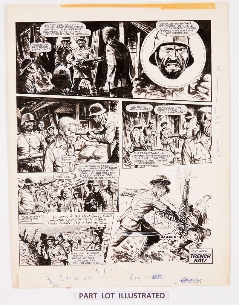 Charley's War: 3 original consecutive artworks (1981) by Joe Colquhoun with script by Pat Mills for Battle 616. "The battle of the Somme - July 1916. Charley Bourne, 'Ginger' and 'Lonely' had been captured by the Germans. Now Lonely revealed how he'd played his part in throwing a bomb into the midst of some Germans and how they stormed back to exact their revenge on his platoon..." | Indian ink on card. 19 x 15 ins. Title header is a laser copy