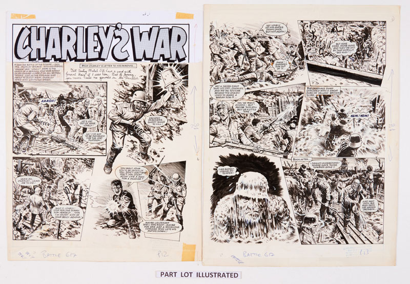 Charley's War: 3 original consecutive artworks (1981) by Joe Colquhoun (signed to pg. 12) with script by Pat Mills for Battle 617. "It was the battle of the Somme - July 1916. Charley Bourne with his friends 'Ginger' and 'Lonely', were in the hands of a German who was intent on revenging himself on all British troops. Just as the German was about to shoot them, Charley acted with lightning speed'" | Indian ink on card, the title header is a laser copy. 19 x 15 ins