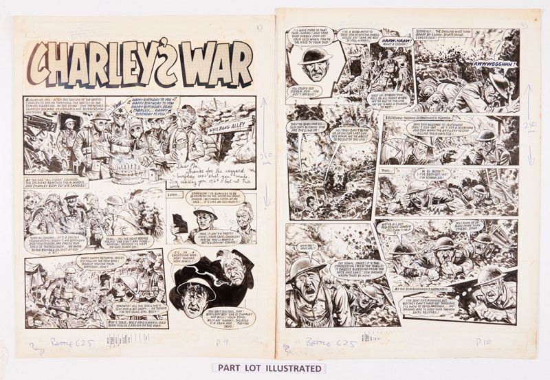 "Charley's War" art for Battle No. 625 (1981) by Joe Colquhoun with script by Pat Mills. "August 1st 1916! After the failure of the British cavalry to break through, the battle of the Somme raged on. In the front-line trenches, Charley Bourne celebrated his seventeenth birthday." | Indian ink on card, 19 x 15 ins