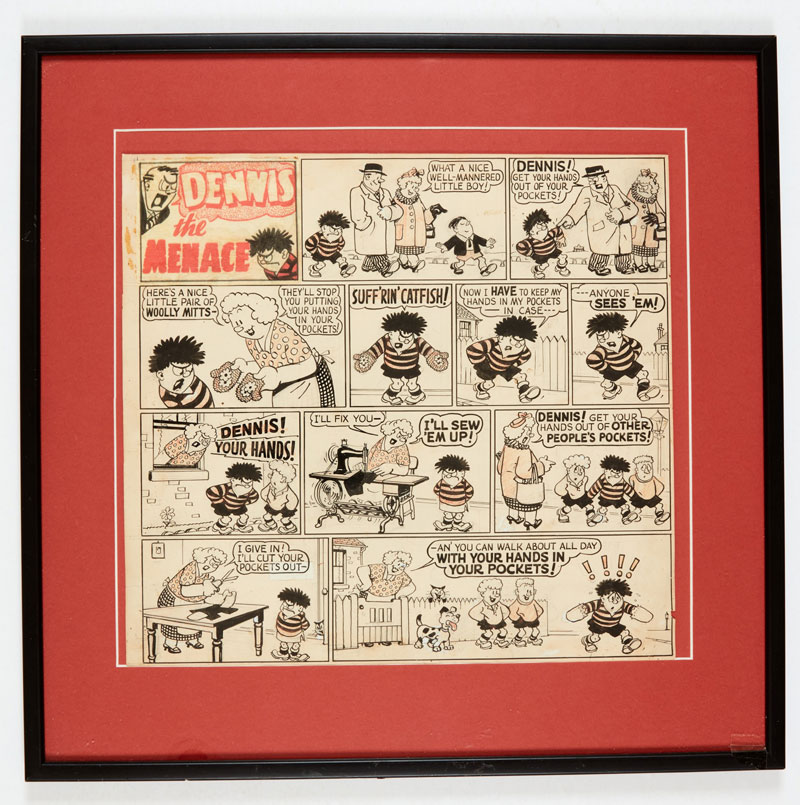 Dennis the Menace original artwork (1952) by Davy Law for the Beano No 505 cover dated 22nd March 1952 with original comic. Dennis won't take his hands out of his pockets - until mum makes sure he can't! |Indian ink and red crayon, title panel is colour photocopy. 15 x 14 ins