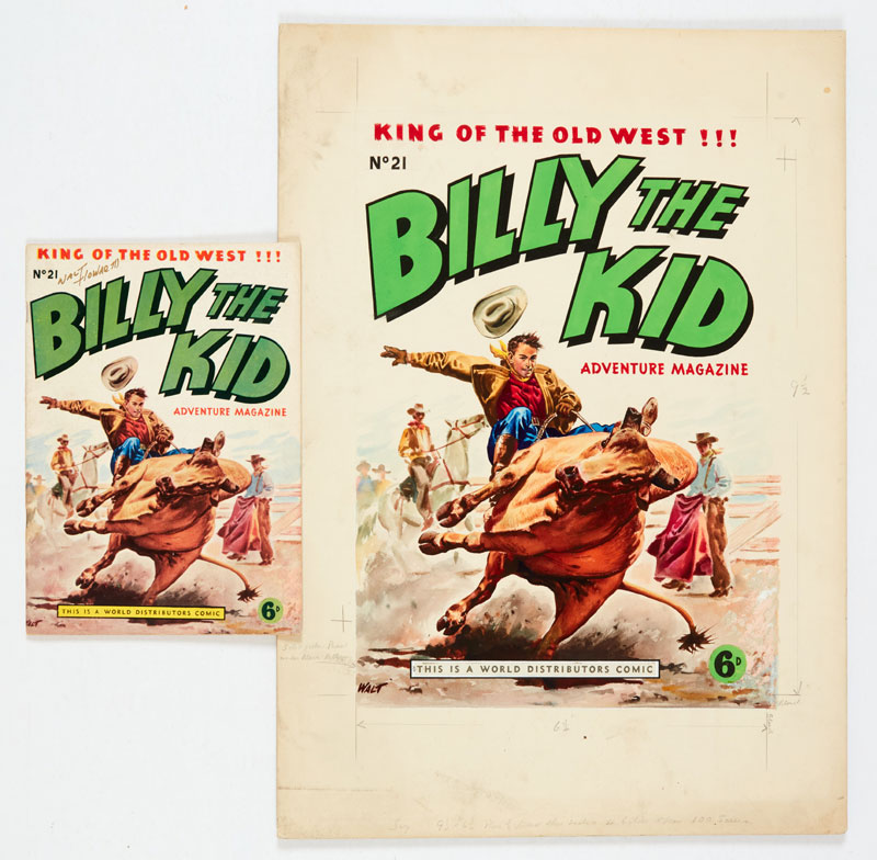 Billy The Kid original cover artwork (1953) painted and signed by Walt Howarth with original Billy The Kid No 21 comic also signed by Walt Howarth | Gouache on board. 20 x 14 ins