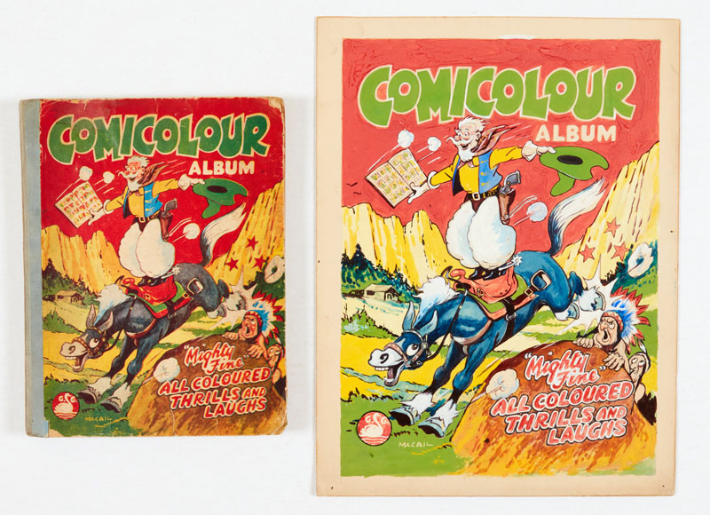 Comicolour Album 1952 cover original artwork painted and signed by Bill McCail (1902-1974) with original album. Bill McCail started his career at DC Thomson providing artwork for Rover, Adventure, Wizard and Red Letter, becoming a regular artist of the Dixon Hawke detective stories in The Sporting Post. He moved to London in 1940, beginning an association with publishers Gerald Swan. Bill specialised in drawing horses and exhibited at the Royal Scottish Academy in the 1950s | Poster colour on board. 14 x 10 ins (2)