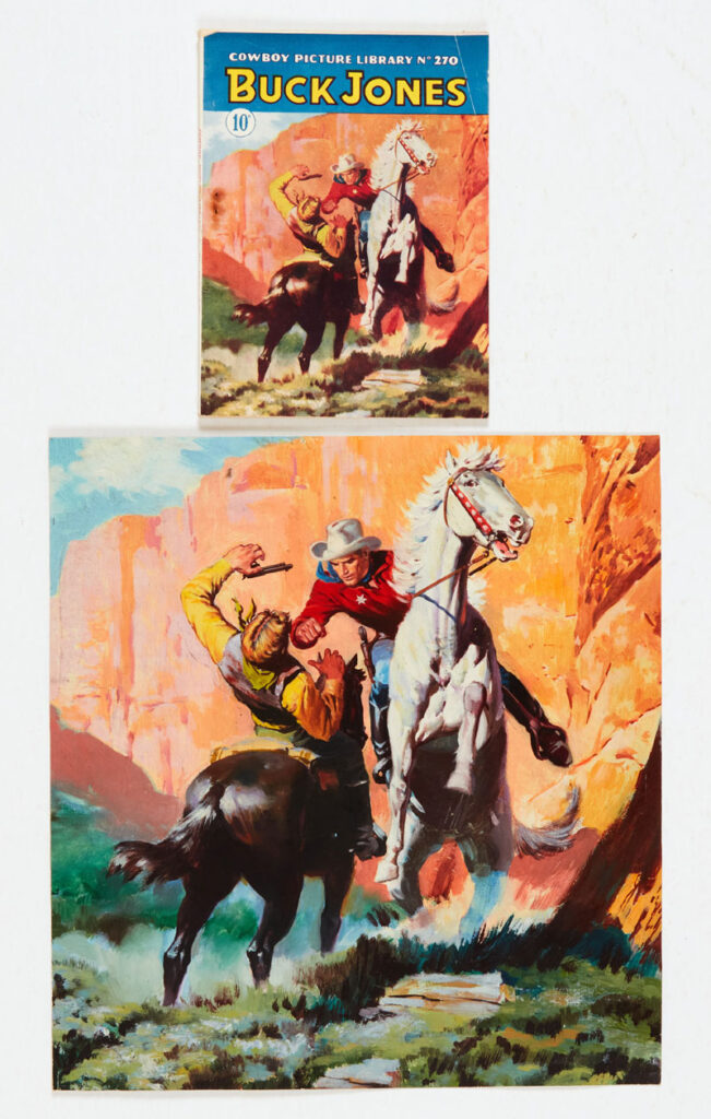 Buck Jones original cover artwork (1959) by Jordi Penalva for Cowboy Picture Library No 270 (also included in the lot) | Gouache on canvas 11 x 12 ins