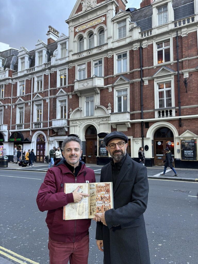 Cyril Lieron and Benoit Dahan outside the Lyric Theatre, London, November 2023. Photo courtesy Titan Comics