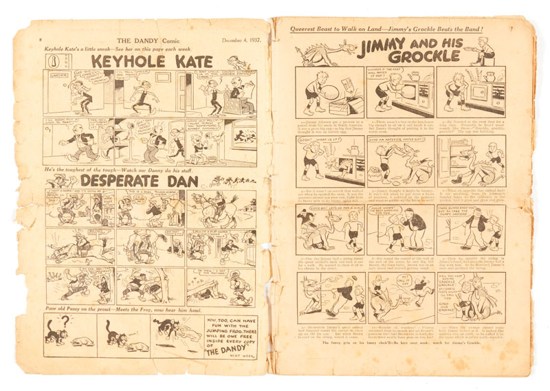 Dandy Comic No 1 (1937) Introducing Korky the Cat, Desperate Dan , Keyhole Kate and Freddy the Fearless Fly. Well worn and torn cover margins with ¾ spine split and back cover having some margin loss. Interior pages with worn edges and tears and page 6-7 with strengthened paper spine. Complete with all 28 pages and no brittleness