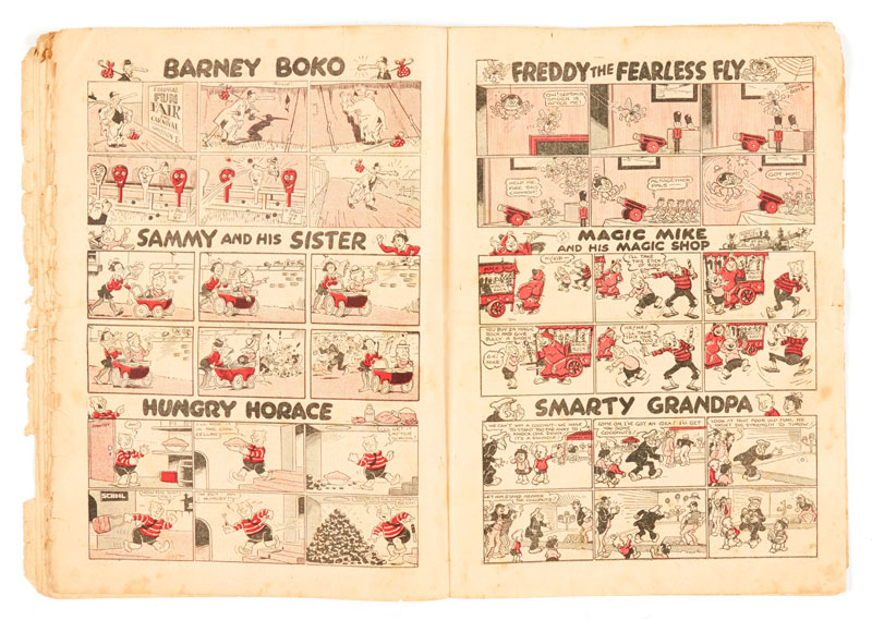 Dandy Comic No 1 (1937) Introducing Korky the Cat, Desperate Dan , Keyhole Kate and Freddy the Fearless Fly. Well worn and torn cover margins with ¾ spine split and back cover having some margin loss. Interior pages with worn edges and tears and page 6-7 with strengthened paper spine. Complete with all 28 pages and no brittleness