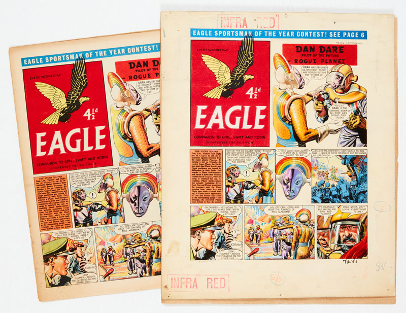 Dan Dare/Eagle cover original artwork (1956) drawn and signed by Frank Hampson for The Eagle Vol. 7, No 48, with original comic including Xmas Shopping Supplement. "Dan, Lex, Flamer and Digby crash-land on Cryptos to aid the inhabitants against the ferocious Super-Phants from Phantos ..." | Bright gouache colours on board. 15 x 13 ins