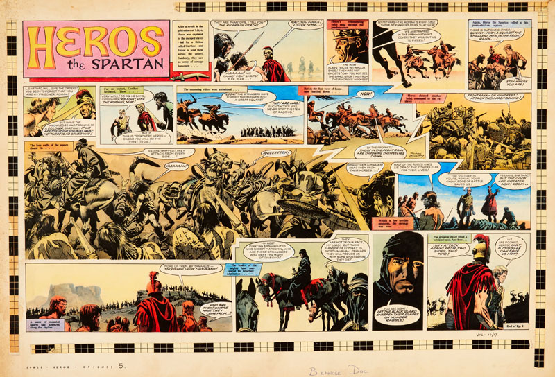 Heros the Spartan original double-page artwork (1965) painted and signed by Frank Bellamy for The Eagle Vol. 16: No 13 | "After a revolt in the gold mines of Libya, Heros was captured by the escaped slaves - led by a Briton called Garthac - and forced to lead them across the desert. Suddenly they are attacked by an army of strange horsemen..." | Bright Pelikan inks on board. 28 x 20 ins. The Heros title lettering and rectangular text boxes are laser copy additions to complete the look of the artwork