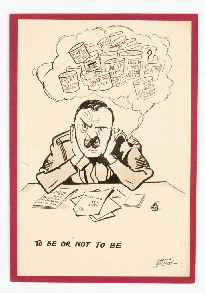 Frank Bellamy original signed sketch (1940s). "To Be or Not to Be"... The Catering Corps Sergeant in a dilemma over the troops tinned rations menu (Probably hung in the Sergeant's Mess!) | From the Bob Monkhouse archive | Indian ink and wash on card. 14 x 10 ins